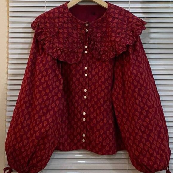 Tops - Vintage Red Ruffle Blouse Long Sleeve Button Up Top